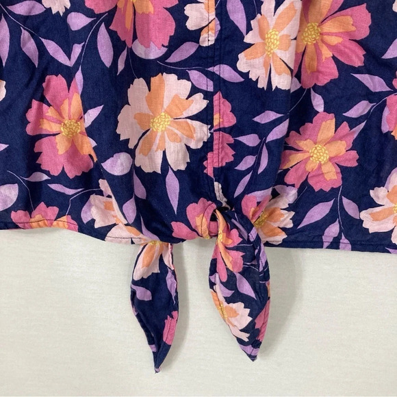Charter Club Navy Pink Floral 100% Linen Tie Front Short Sleeve Button Down XL - Picture 3 of 10